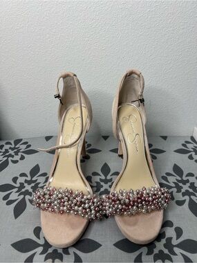 Jessica Simpson Pink Pearl-Cluster Suede Ankle-Strap Heels